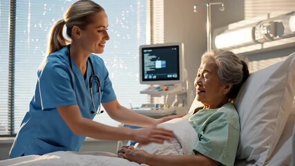 Caring healthcare professional assisting elderly patient in hospital room with medical equipment