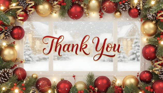 Thank you message in a festive Christmas window with red and gold ornaments, green pine, and falling snow for holiday greeting card and appreciation.