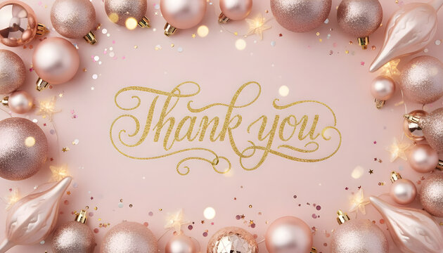 Thank you message in gold glitter surrounded by pink Christmas ornament. Holiday greeting card design for appreciation and gratitude. - Powered by Adobe