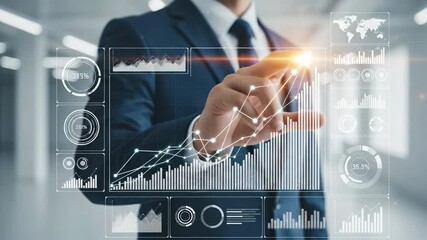 Business professional analyzing financial data on transparent digital interface in modern office - Powered by Adobe