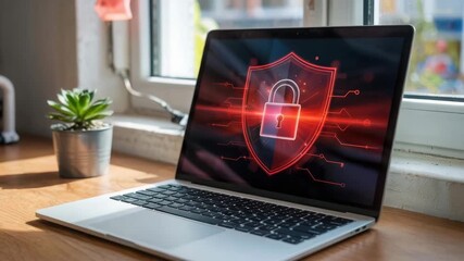 Cybersecurity shield animates on laptop screen, promising data protection and online safety for modern digital life in vibrant red tones - Powered by Adobe