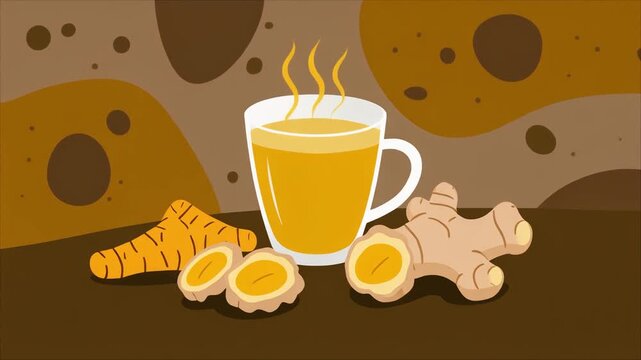 Golden Elixir: A steaming mug of turmeric tea, accompanied by fresh turmeric root and ginger, a healthy and comforting beverage.