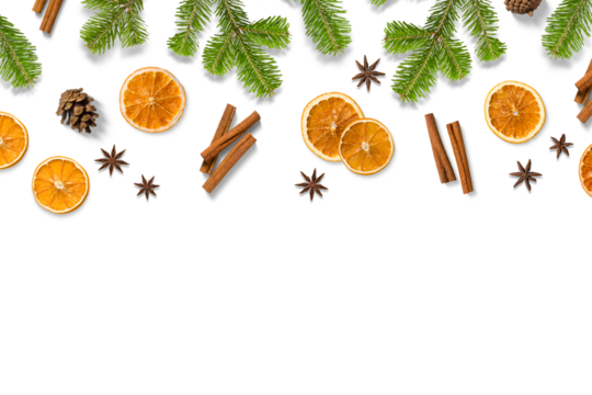 Christmas composition with green fir branches, dried orange slices, cinnamon sticks, anise and pine cones isolated on a transparent background. Perfect for Christmas and winter designs.