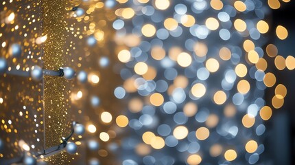 Festive bokeh lights in gold and silver hues with shimmering glitter and spherical ornaments