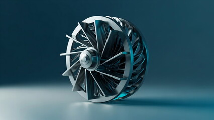 A close-up of a jet engine turbine, or turbofan. A modern technological concept. High performance and energy engineering.