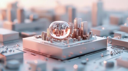A miniature cityscape model with a reflective sphere is placed on a circuit board, bathed in soft, warm lighting.