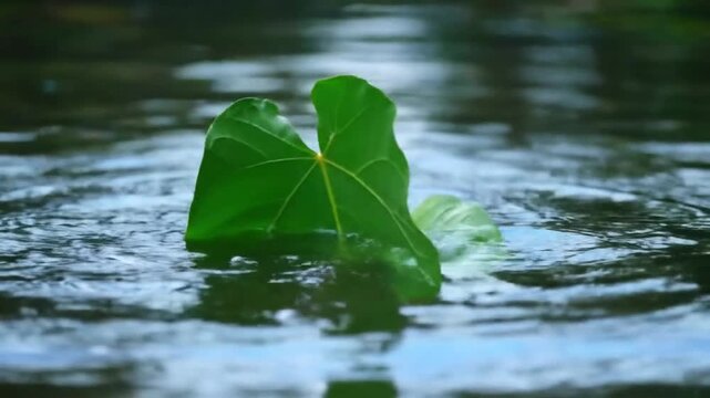 Green leaf floating on water surface with falling raindrops and ripples