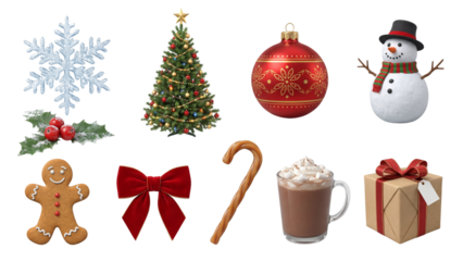 A collection of classic Christmas holiday icons and symbols isolated on a white background.