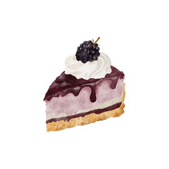 Watercolor digital illustration of a blackberry cheesecake on a transparent background, featuring vibrant purple berry tones, creamy texture, and artistic hand-painted details. 