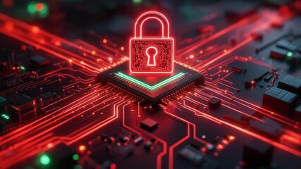 Glowing red neon padlock icon symbolizing strong cybersecurity placed directly above a complex microchip on a motherboard data protection concept - Powered by Adobe