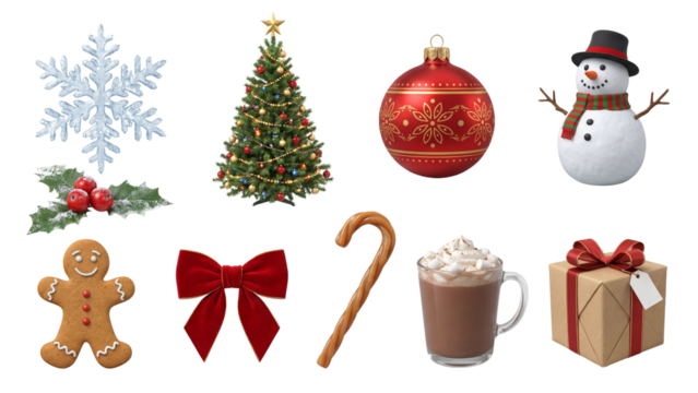 A collection of classic Christmas holiday icons and symbols isolated on a white background.