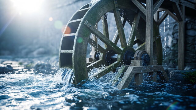 Wooden water wheel spinning with splashing water stream. Energy production for renewable resource concept with traditional mill