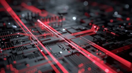 Close up of a complex circuit board with red light trails and bokeh effect - Powered by Adobe