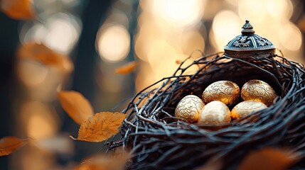 A nest filled with golden eggs, adorned with a decorative lid, set against a backdrop of falling autumn leaves and bokeh.