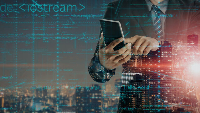 A businessman in a suit uses a smartphone against a dynamic city skyline, enhanced by digital data streams and coding elements, symbolizing modern technology and communication. Xenic