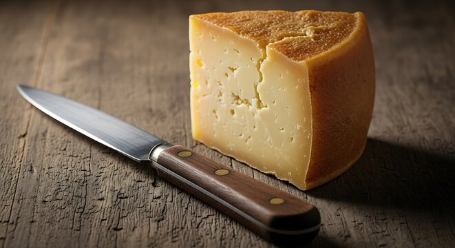 Still life Queijo Canastra (aged cheese) wedge next to a small knife. Rustic dark wood.