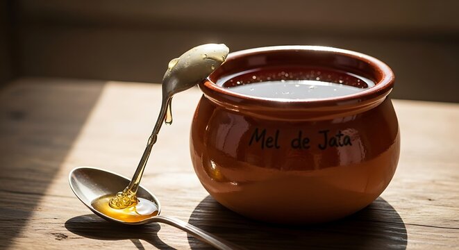 Still life Small pot of Mel de Jata (honey) next to a spoon. Golden color natural light.