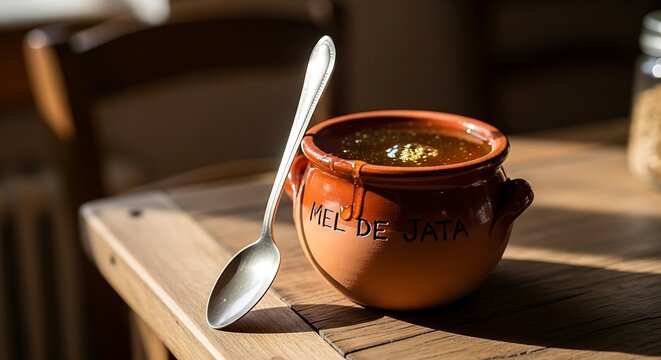 Still life Small pot of Mel de Jata (honey) next to a spoon. Golden color natural light.