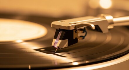 Detailed close-up of a turntable stylus on a spinning vinyl record, emphasizing the rich analog audio experience and nostalgic charm of classic music playback