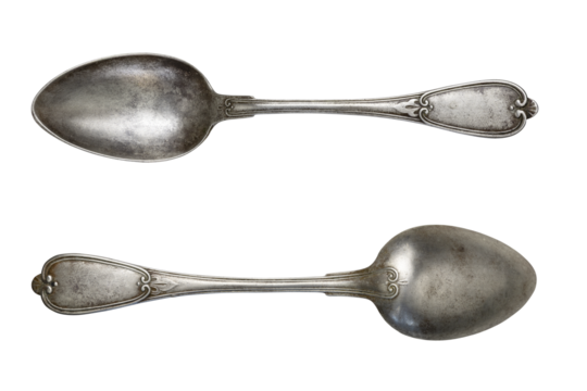 Silver, vintage teaspoon isolated on transparent background.