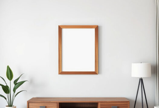 Maqueta de marco de fotos de madera vertical vac&iacute;o colgado en una pared gris claro en un moderno apartamento minimalista