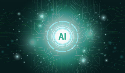 Artificial intelligence logo. Neural network and process automation. AI logotype in green sphere with bright sparkles. Modern technologies and innovations. Realistic vector illustration