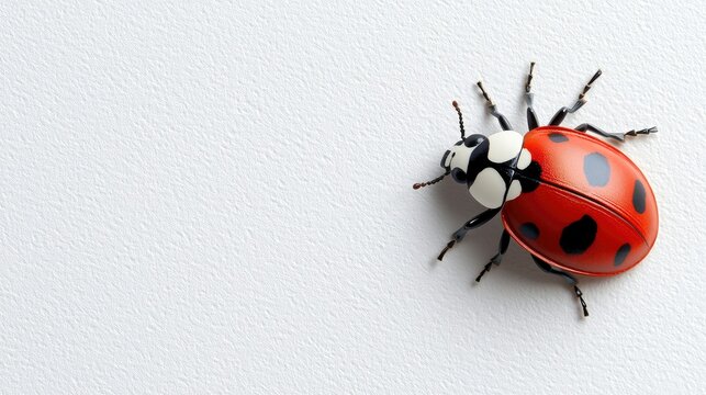 A close-up studio shot of a ladybug on a white textured background. The ladybug is red with black spots and a black and white head. The lighting is bright and e