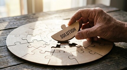 Hand places final 'Solution' puzzle piece into circular wooden jigsaw, symbolizing problem-solving, strategy, and completion.