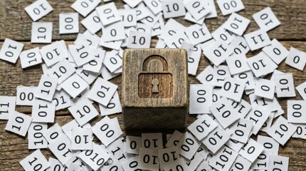 Digital data security concept with wooden padlock icon surrounded by binary code numbers.