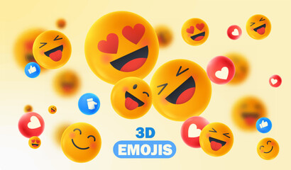 3d emojis poster. Mood and feelings, facial expression. Love, fun and joy. Social network emoticons. Social media emoji. Banner for website. Realistic vector illustration