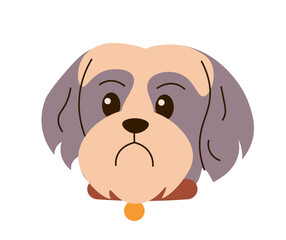 Domestic dog sticker. Adorable grey and white puppy. Cute friend and companion. Social media emoji. Little doggy. Flat vector illustration