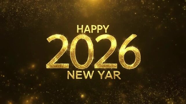 Golden shiny Happy New Year 2026 lettering animation with sparkling effects, festive Christ.