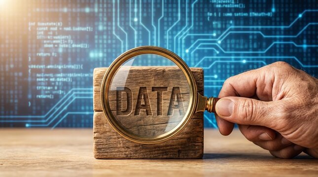 Examining Digital Data: Magnifying Glass on "DATA" Wooden Block with Tech Background - Powered by Adobe