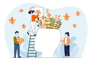 Mental care concept. Men and woman with watering can water flowers in silhouette of head. Awareness and mindfulness. Psychotherapy and psychological help. Linear vector illustration