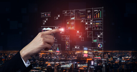 A big data visualization and business analytics dashboard grid. A complex collection of charts and graphs for comprehensive company reporting. Motif