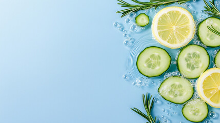Lemon and cucumber slices with rosemary on blue background