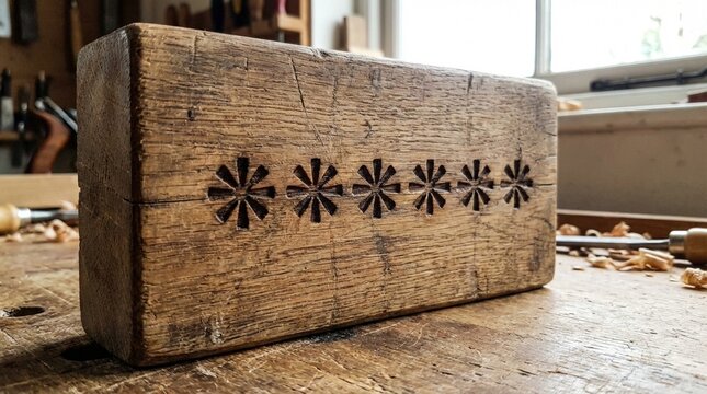 Rustic Hand-Carved Wooden Block with Decorative Star Patterns on Woodworking Bench.