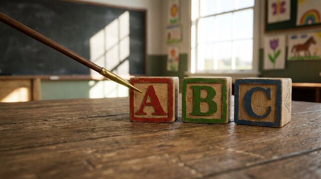 Classic schoolroom with wooden pointer emphasizing ABC alphabet blocks for early childhood education.
