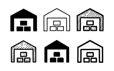 Hand-drawn warehouse icons: variations in sketch and solid styles