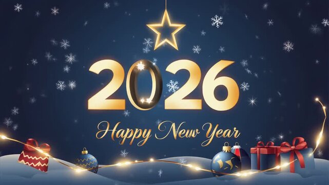 Happy new year 2026 greeting card illustration with a star and winter decoration for a holi.