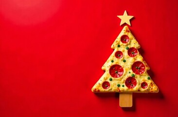 A slice of pizza in the shape of a Christmas tree. New Year's advertising banner for an Italian restaurant or cafe. Red background. Blank space for text.