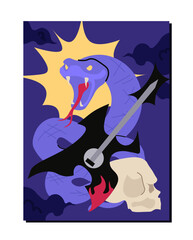 Rocknroll culture poster. Violet snake near electric guitar. Rock and roll music, youth culture. Emotions and expressions. Flat vector illustration
