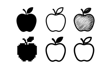 Variety of apple icons in different styles: silhouette, pixelated, and hand drawn