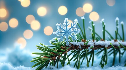 Snowflake on pine branch with bokeh lights