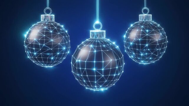 Uturistic wireframe christmas balls in low poly 3d style on blue background featuring glowi.