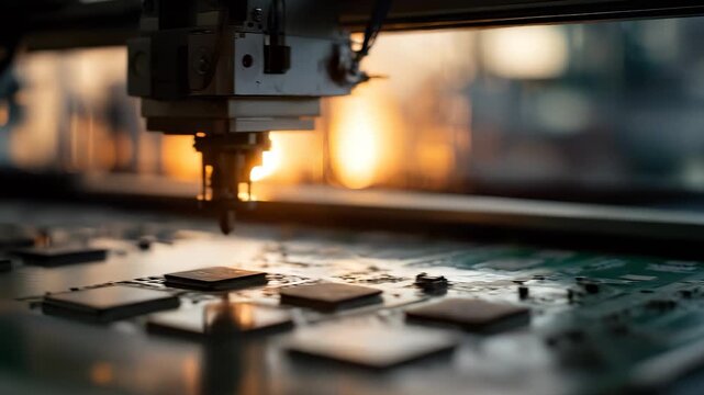 A machine meticulously places components onto the surface of a circuit board while the sun sets, casting a warm glow over the intricate details. The precise movements of the machin
