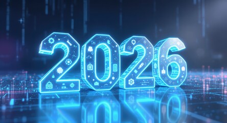 Silhouette anniversary celebrate countdown futuristic 2026 neon numbers glowing reflection digital technology celebration party New Year 2026 Concept