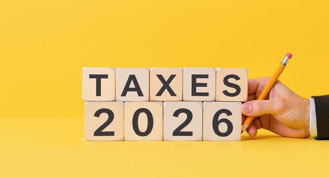 Silhouette anniversary celebrate countdown tax concept with wooden blocks showing 2026 and hand holding pencil preparing forms and planning finances New Year 2026 Concept