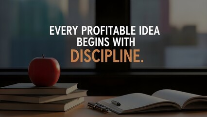 A motivational composition featuring an apple atop books, an open notebook with pen, and the phrase 'Every profitable idea begins with discipline', creating a scene of studious determination 