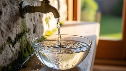 A gentle stream flows from a vintage brass tap, filling a clear glass bowl with sparkling water, set against a moss-covered stone wall that evoke a sense of natural tranquility and simple elegance,